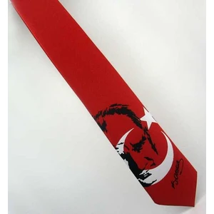 Ay-Yıldız ve Atatürk Desenli Dokuma Kırmızı Kravat - Ak-06