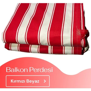 Korniş Düğmeli ve Bağcıklı Pamuklu Kumaştan Kırmızı - Beyaz Balkon Perdesi
