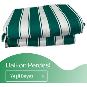 Korniş Düğmeli ve Bağcıklı Pamuklu Kumaştan Yeşil - Beyaz Balkon Perdesi