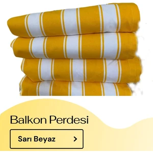 Korniş Düğmeli ve Bağcıklı Pamuklu Kumaştan Sarı - Beyaz Balkon Perdesi