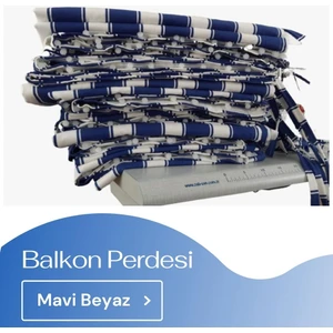 Korniş Düğmeli ve Bağcıklı Pamuklu Kumaştan Mavi - Beyaz Balkon Perdesi