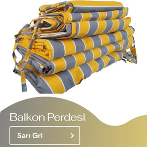 Korniş Düğmeli ve Bağcıklı Pamuklu Kumaştan Sarı - Gri Balkon Perdesi