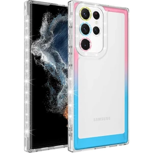 Case 4U S22 Ultra Uyumlu Kılıf Simli ve Renk Geçiş Tasarımlı Lens Korumalı Park Kapak Pembe - Mavi