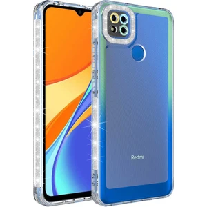 Case 4U Xiaomi Redmi 9c Kılıf Simli ve Renk Geçiş Tasarımlı Lens Korumalı Park Kapak Yeşil - Mavi
