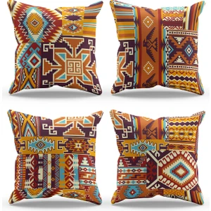 Çift Tarafı Baskılı Ethnic Rugs Desenli 4'lü Kombin Süet Kırlent Kılıfı