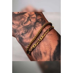 The Steel 2'li Angelus ve Figaro Zinciri Kararmaz Unisex Gold Çelik Bileklik