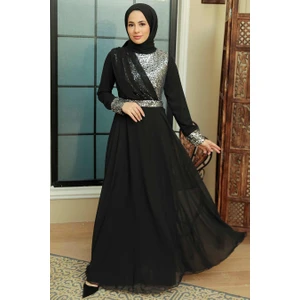 Neva Style Tesettürlü Abiye Elbise - Pul Payet Işlemeli Gümüş Tesettür Abiye Elbise 5793GMS