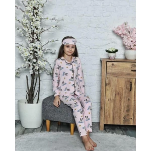 Lolli Boom Kids Kopya - Kız Çocuk V Yaka Düğmeli Geyik Desen Pembe Renk Pijama Takımı Uyku Bandı Hediyemizdir