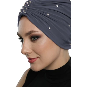 Fidan Bone Swarovskili Astarlı El Işi Swarovski Işlemeli Koyu Gri Hazır Türban Tesettür Bone
