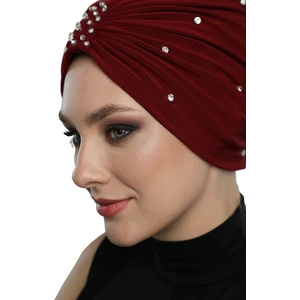 Fidan Bone Swarovskili Astarlı El Işi Swarovski Işlemeli Bordo Hazır Türban Tesettür Bone