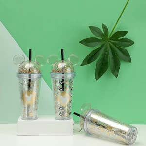 Mickey Mouse Lisanslı Çift Katlı Pipetli Şeffaf Plastik Suluk 420ML