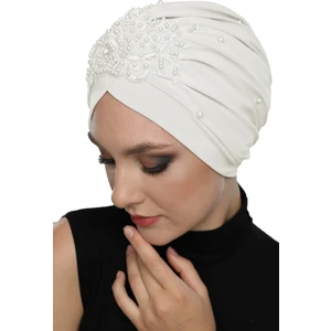 Fidan Bone Kopma Astarlı Işlemeli Krem Gül Motifli Hazır Türban Tesettür Abiye Bone