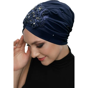 Fidan Bone Kopma Astarlı Işlemeli Lacivert Sarı Dantel Motifli Hazır Türban Tesettür Abiye Bone