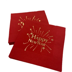 Gold Yaldızlı Kırmızı Happy New Year Kare Peçete 33 x 33 cm 16'lı