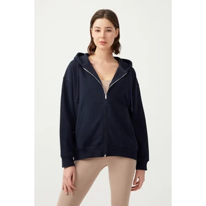 Los Ojos Kadın Lacivert Kapüşonlu Oversize Şardonlu Fermuarlı Örme Sweatshirt