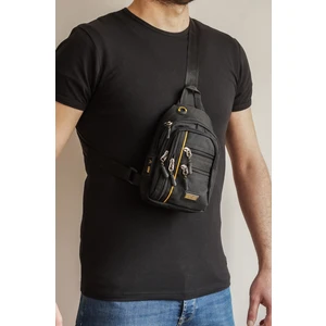 Imperteks Kumaş Sarı Çizgi Detaylı Çokgözlü Çapraz Küçük Göğüs ve Omuz Çantası Unisex Siyah 4924