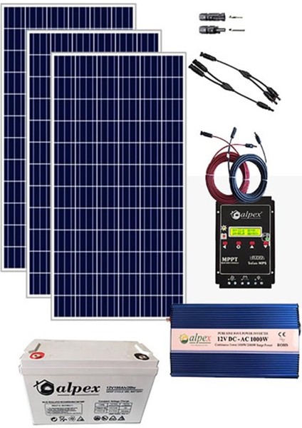 Alpex Güneş Enerjisi Bağ Evi Solar Paketi 1000W Tam Sinus İnverter 250W 12V Güneş Paneli 200Ah Jel Akü