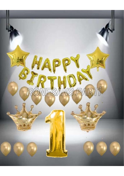 Gold Renk Kral Taç Happy Bırthday Folyo Balon Seti 1 Yaş