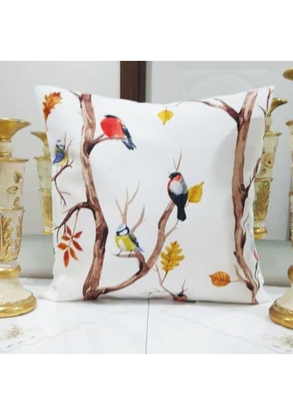 Renkli & Beyaz Kuş ve Sonbahar Desenli Dekoratif Kırlent Kılıfı