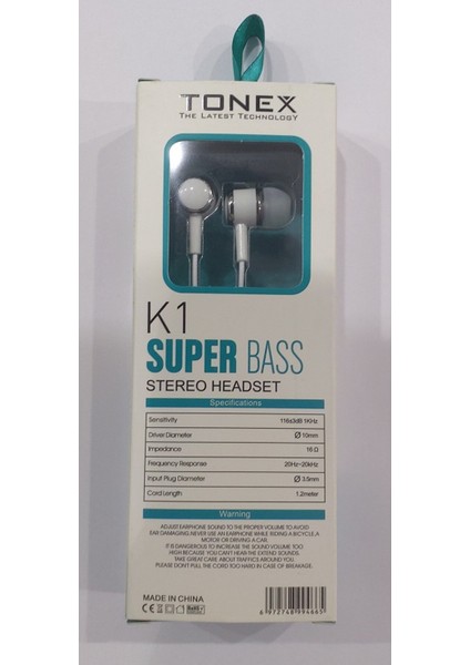 Tonex K1 Super Bass Earphones Kablolu Kulak Içi Kulaklık Beyaz