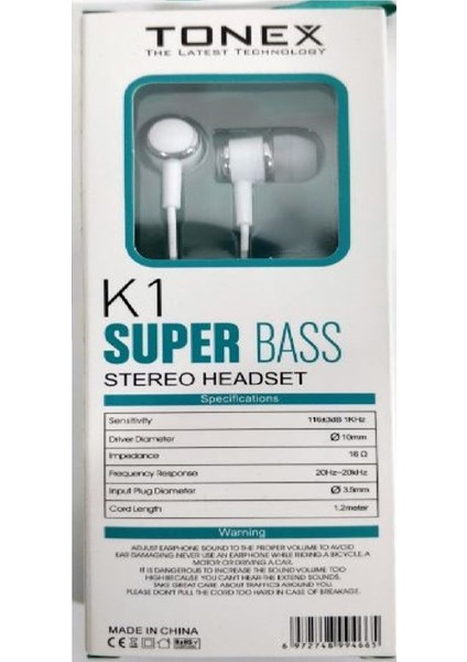 Tonex K1 Super Bass Earphones Kablolu Kulak Içi Kulaklık Beyaz