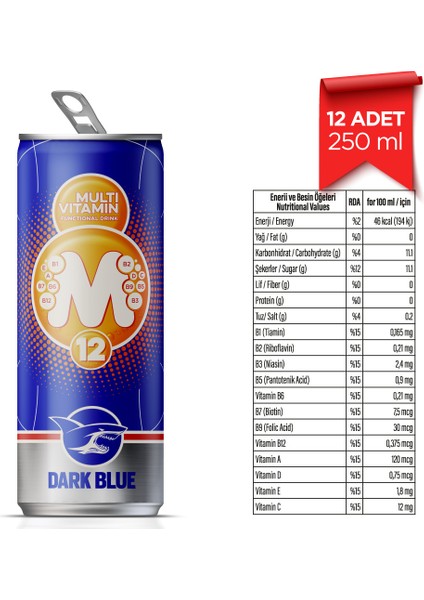 Dark Blue Multivitamin Enerji İçeceği, 250 ml (12'li Paket, 12 adet x 250 ml)