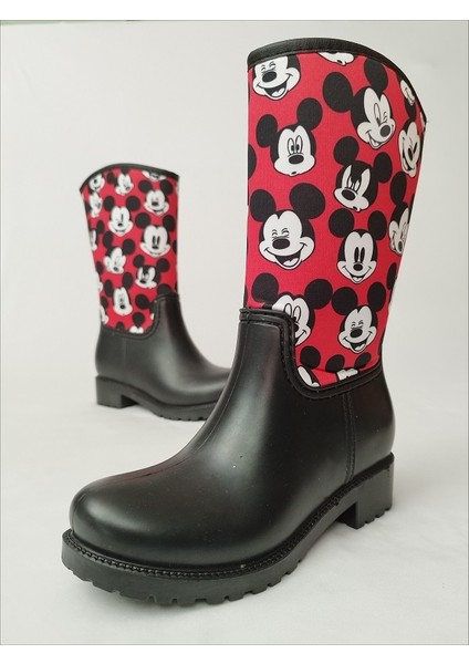 Mickey Puantiye Baskılı Kırmızı Su Geçirmeyen Kız Çocuk Yağmur Çizmesi