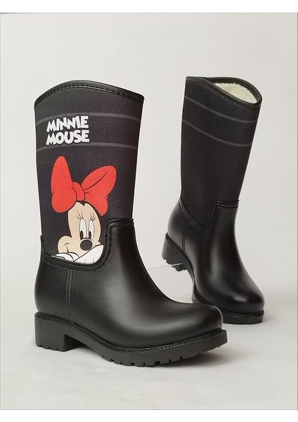 Sea & Blue Shoes Minnie Mouse Poz Veriyor Baskılı Peluşlu Su Geçirmeyen Kız Çocuk Yağmur Çizmesi