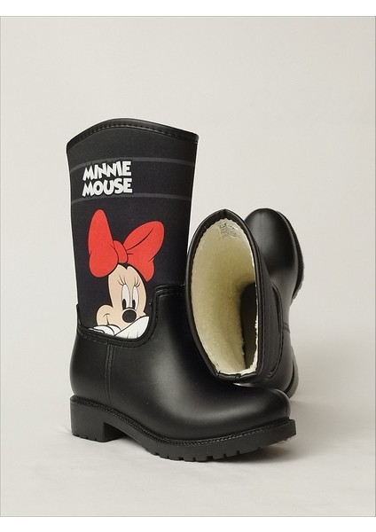 Sea & Blue Shoes Minnie Mouse Poz Veriyor Baskılı Peluşlu Su Geçirmeyen Kız Çocuk Yağmur Çizmesi