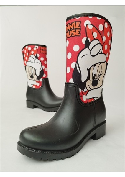 Sea & Blue Shoes Minnie Mouse Kırmızı Puantiye Baskılı Peluşlu Su Geçirmeyen Kız Çocuk Yağmur Çizmesi