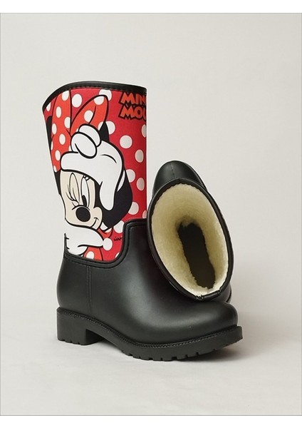 Sea & Blue Shoes Minnie Mouse Kırmızı Puantiye Baskılı Peluşlu Su Geçirmeyen Kız Çocuk Yağmur Çizmesi