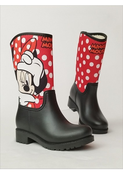 Minnie Mouse Kırmızı Puantiye Baskılı Peluşlu Su Geçirmeyen Kız Çocuk Yağmur Çizmesi