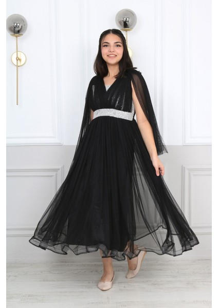 Kız Çocuk Beli Pul İşleme Sırt Lastikli Dantel Kol Detay Abiye Mezuniyet Düğün Balo Elbise-ABY-0028