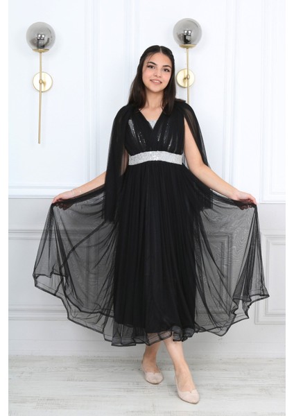 Kız Çocuk Beli Pul İşleme Sırt Lastikli Dantel Kol Detay Abiye Mezuniyet Düğün Balo Elbise-ABY-0028 fiyatları