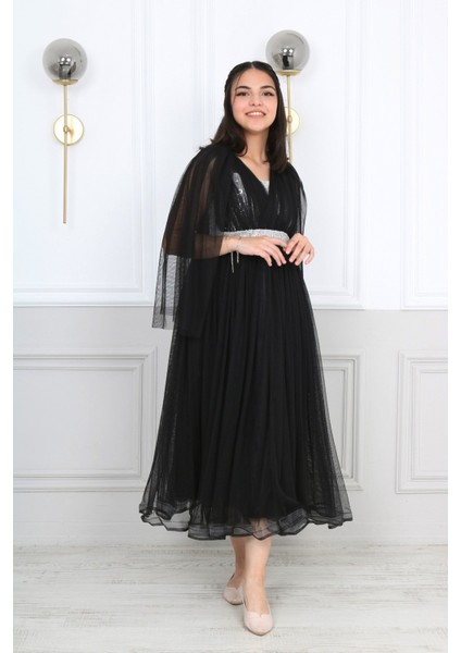 Kız Çocuk Beli Pul İşleme Sırt Lastikli Dantel Kol Detay Abiye Mezuniyet Düğün Balo Elbise-ABY-0028 modelleri