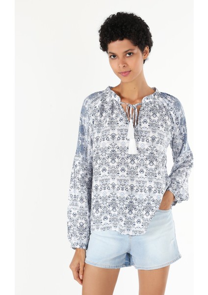 Regular Fit Desenli Mavi Kadın Bluz U.kol