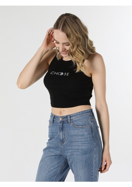Slim Fit Yazı Baskılı Siyah Kadın Atlet
