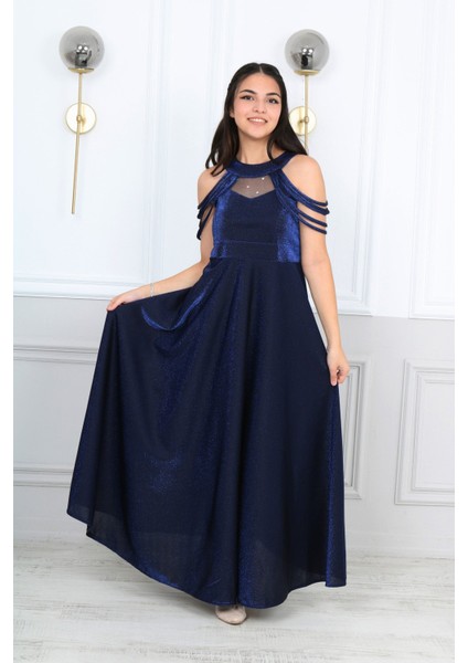 Kız Çocuk Simli Kumaş Astarlı Abiye Gece Mezuniyet Elbisesi-ABY-0029