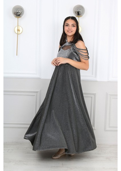 Kız Çocuk Simli Kumaş Astarlı Abiye Gece Mezuniyet Elbisesi-ABY-0029 fiyatları