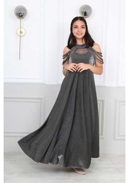 Kız Çocuk Simli Kumaş Astarlı Abiye Gece Mezuniyet Elbisesi-ABY-0029 modelleri