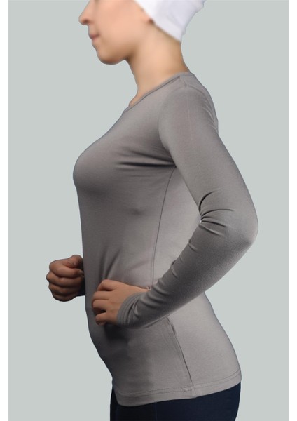Uzun Kol Bisiklet Yaka Likralı Penye Kadın Body - Gri modelleri