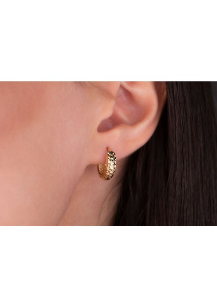 Lazer İşlemeli Halka Küpe 14 Ayar Altın