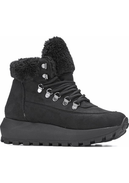 Günlük Kadın Bot Bağcıklı Kalın Yüksek Topuklu Kürk Astarlı Tırtıklı Taban Nubuk Bootie 1015