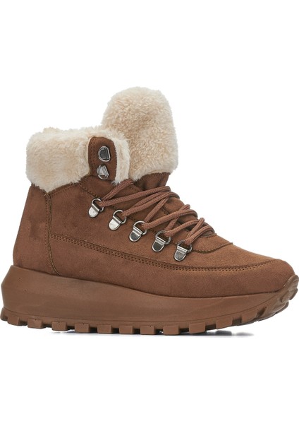 Günlük Kadın Bot Bağcıklı Kalın Yüksek Topuklu Kürk Astarlı Tırtıklı Taban Nubuk Bootie 1015
