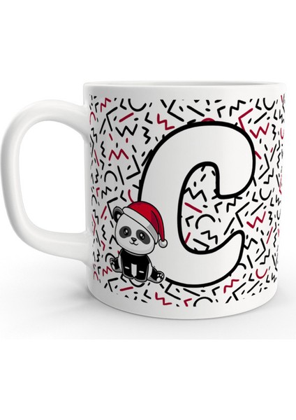 C Harfi Sevimli Panda Yılbaşı Tasarım Harfli Kupa Bardak