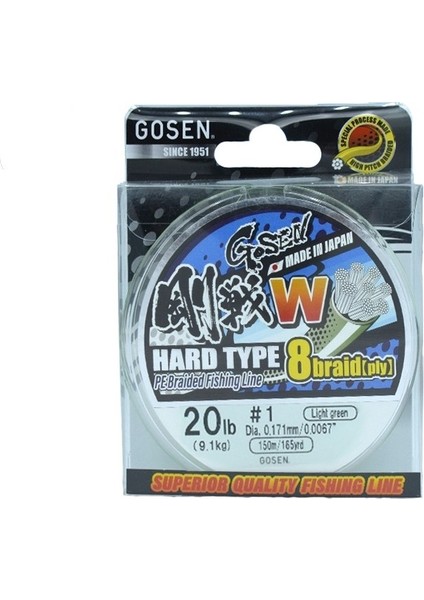 W8 Hard Type Pe 8 Örgü Spin Ip Misina 150MT Açık Yeşil Pe 1.2-(0.187 Mm)