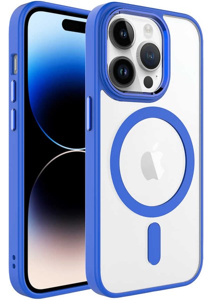 Apple iPhone 14 Pro Max Kılıf Wireless Şarj Özellikli Buttom Magsafe Silikon Kapak Mavi