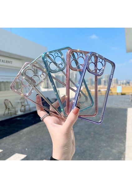 iPhone 12 Taşlı Kamera Korumalı Parlak Swarovski Şeffaf Silikon Telefon Kılıfı