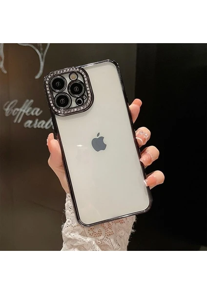 iPhone 12 Pro Taşlı Kamera Korumalı Parlak Swarovski Şeffaf Silikon Telefon Kılıfı