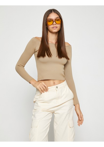 Crop Triko Kazak Kayık Yaka Uzun Kollu